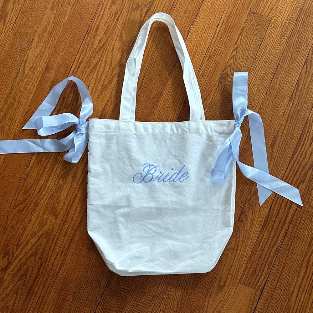 Bride Embroidered White Tote Bag with Light Blue Ribbon